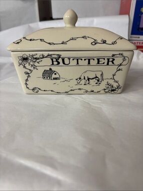 Creative Co-Op Ceramic Butter Dish in Cream with Black Farm Motif
